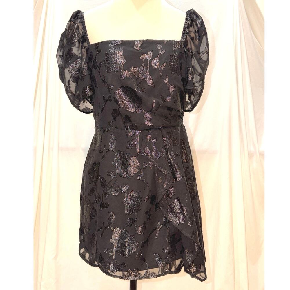 House of Harlow 1960 x Revolve Black Metallic Floral Puff Sleeve Mini Dress M - Picture 2 of 8
